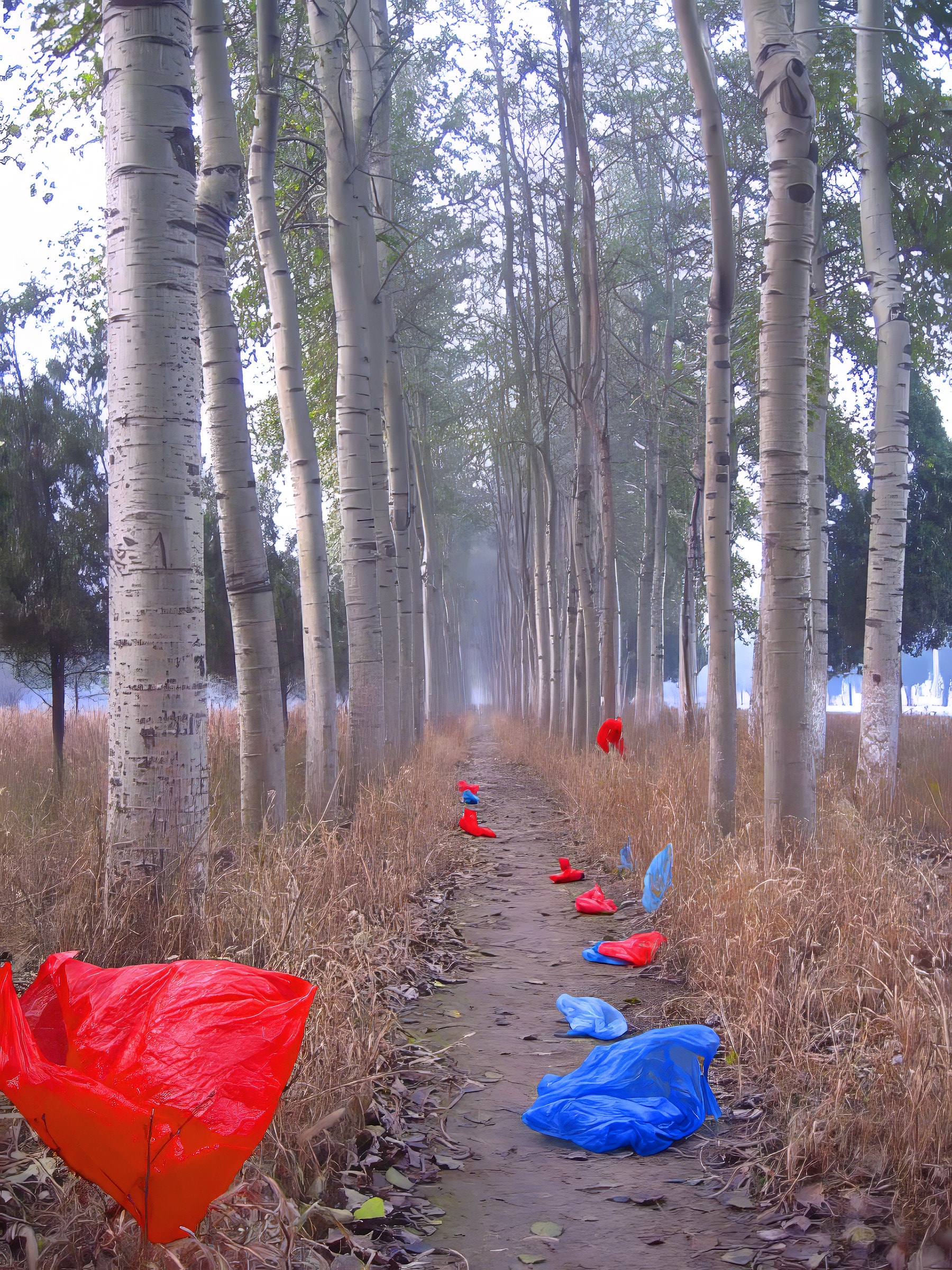 Forest path with red and blue plastic bags, Beijing