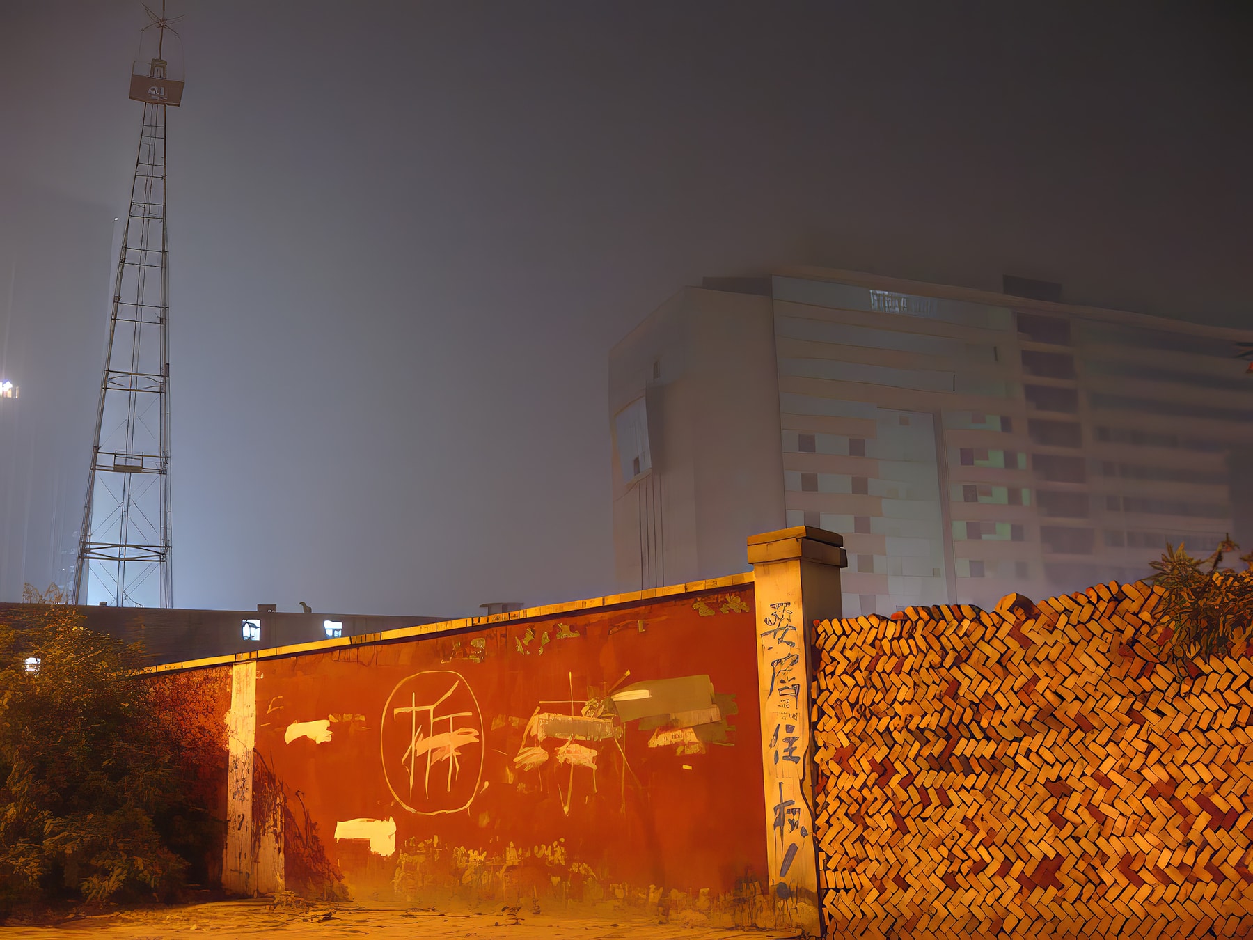 Orange wall with Chinese characters and radio tower in fog, Beijing